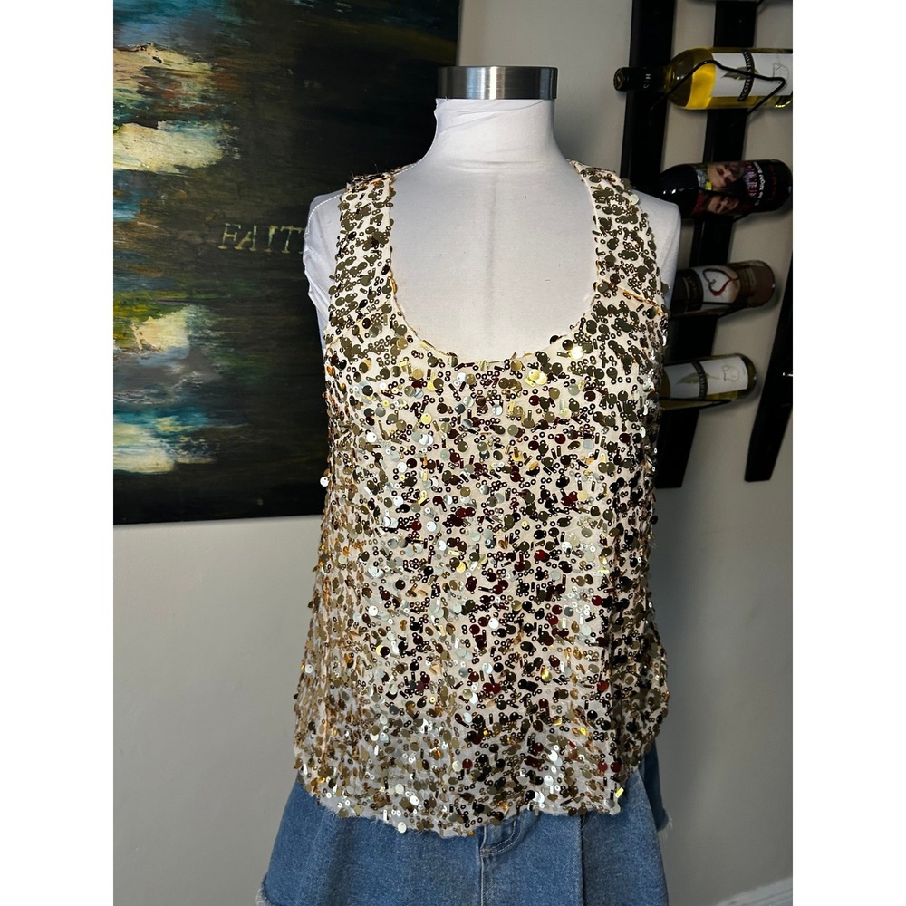 Rag & Bone Gold Bronze Sequined Racerback Tank Top Size Medium Metallic Glam